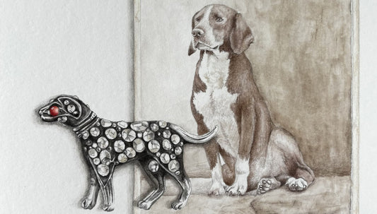 Detail of 'Diamond Dogs' painting, depicting an old cabinet photo of a sitting dog and a diamond brooch in the shape of a dog.