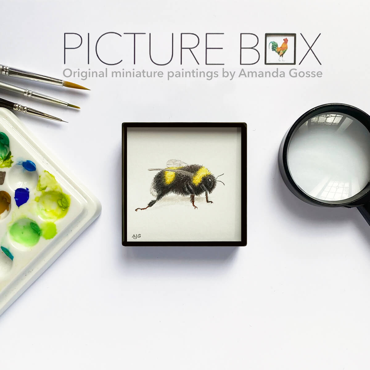 Bumblebee Painting Picture Box miniature insect tiny art by Amanda Gosse