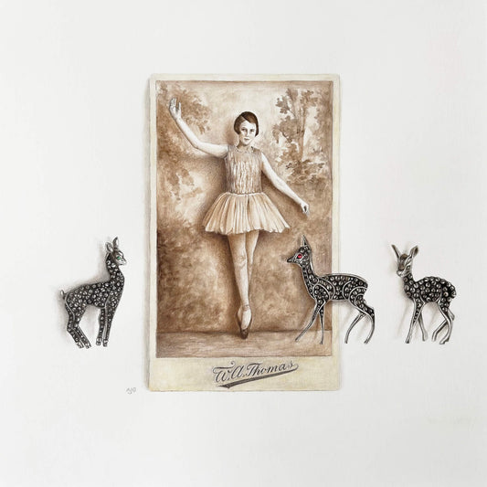 Painting of a sepia photograph of a ballerina with three antique marcasite brooches.