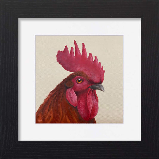 Framed artwork of a rooster with a red comb on a beige background