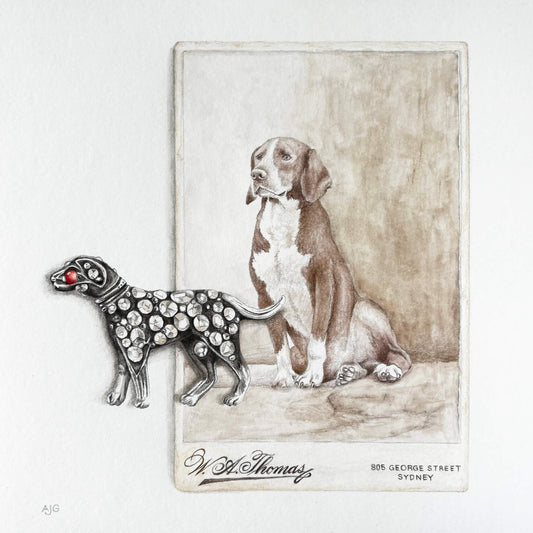 An original gouache painting of an antique photograph of a dog and diamond dog brooch