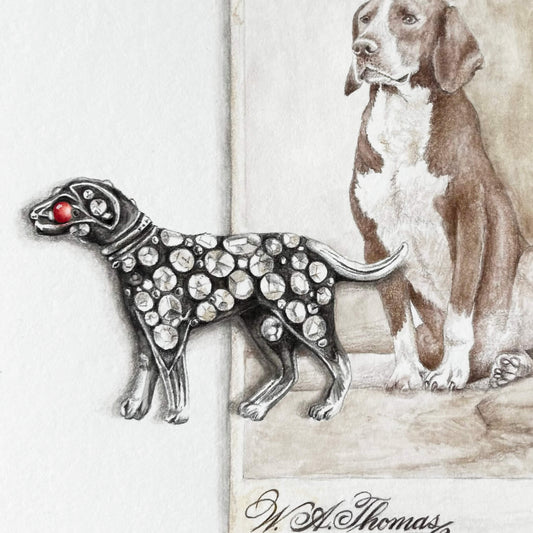 Detail of an original gouache painting of an antique photograph of a dog and diamond dog brooch