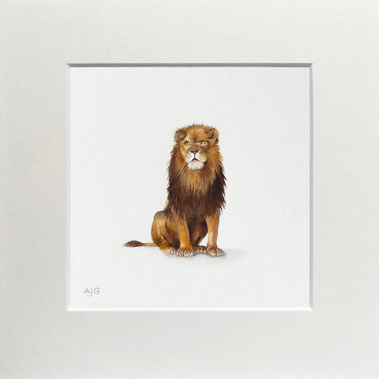 Mounted artwork of a lion on a white background