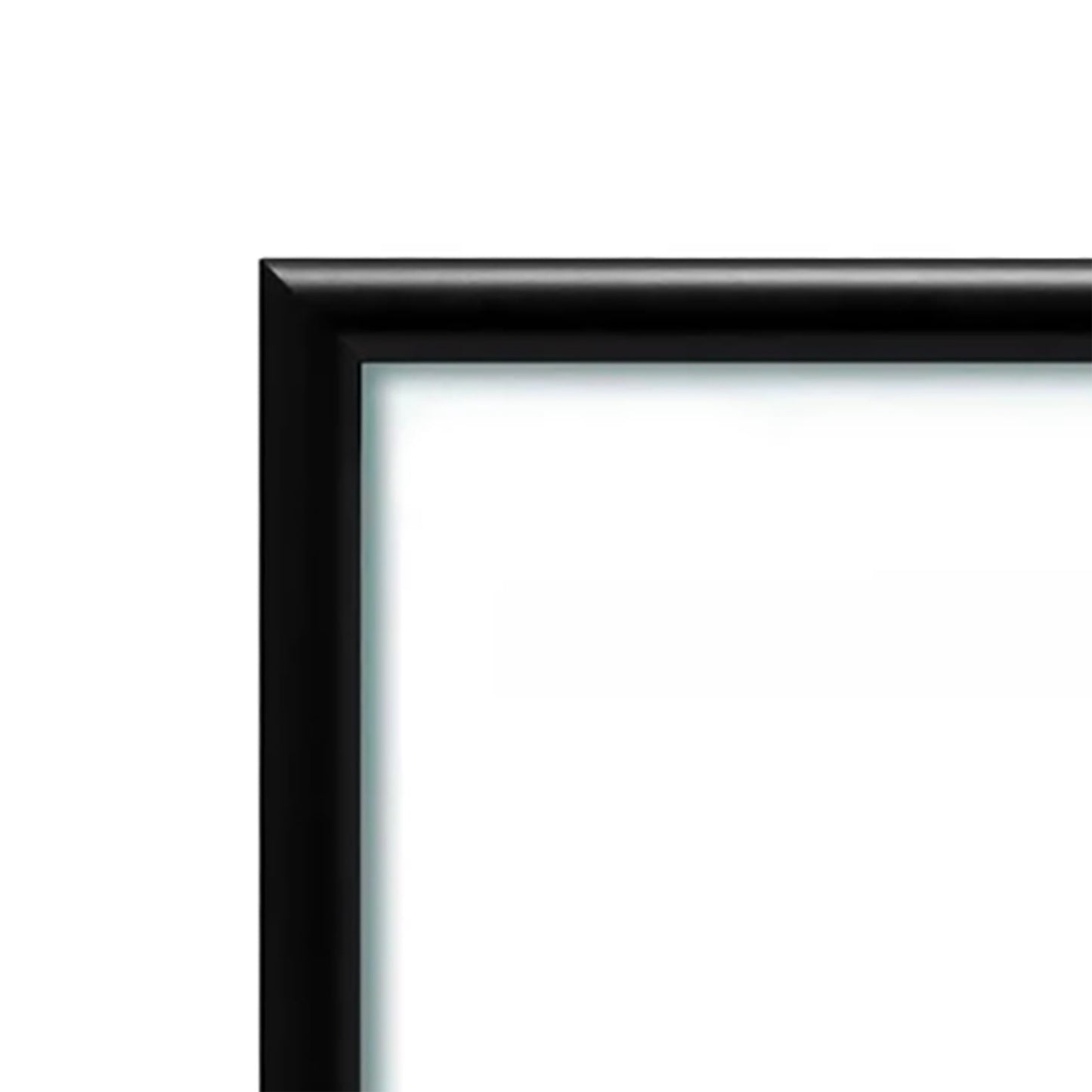 Top left corner of a black picture frame with a white background