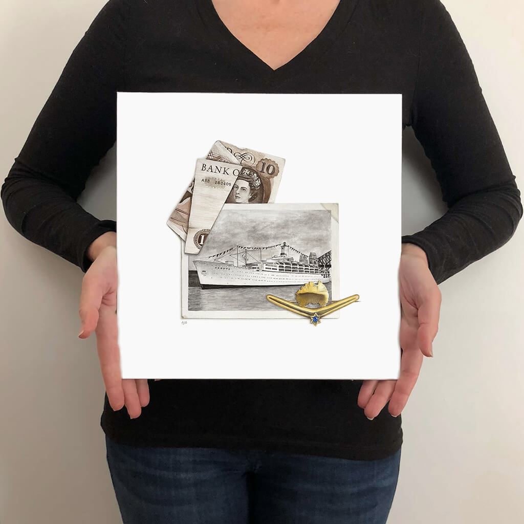 Person holding a ten pound poms painting of a banknote with a ship photograph and an antique gold Australia map boomerang brooch