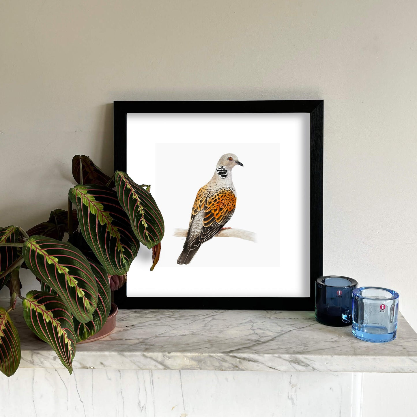 Framed bird print on a mantlepiece with a plant and two blue Iittala Kivi candle holders