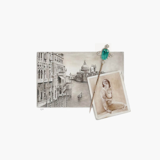 An original painting of a Venetian canal with a building and a woman's portrait, with a jewelled antique stick pin.