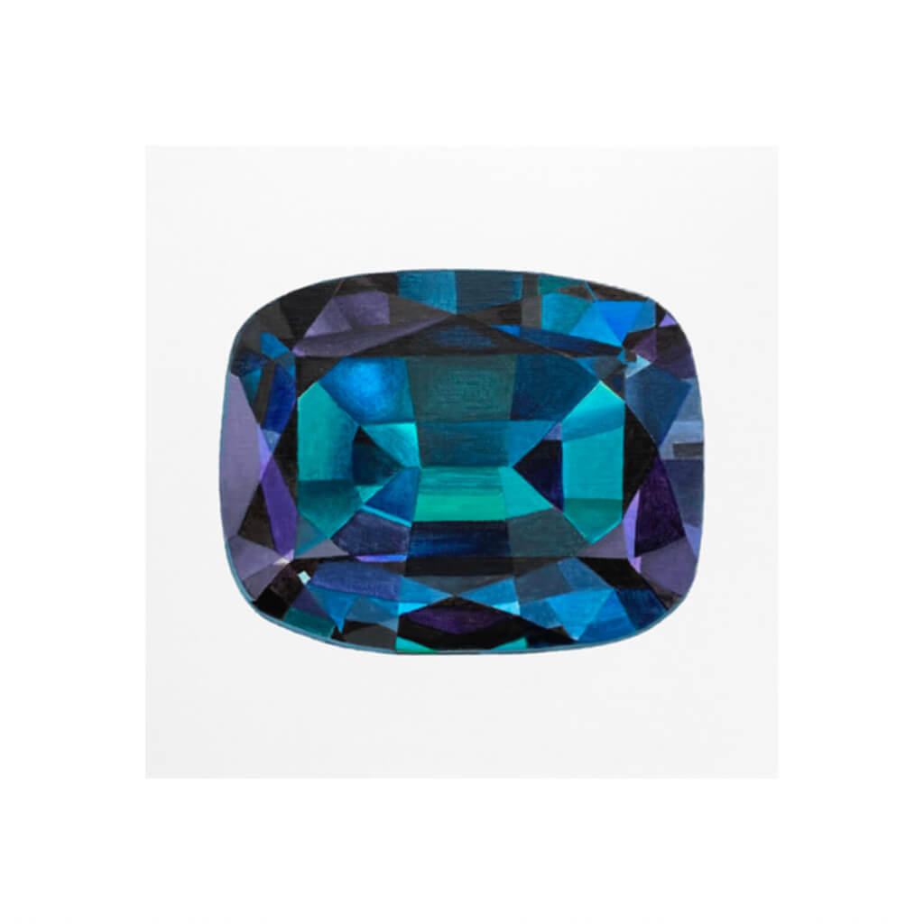 A giclée fine art print of an alexandrite jewel, rectangular in shape and blue, green and purple. The gemstone has a very pale stone background.