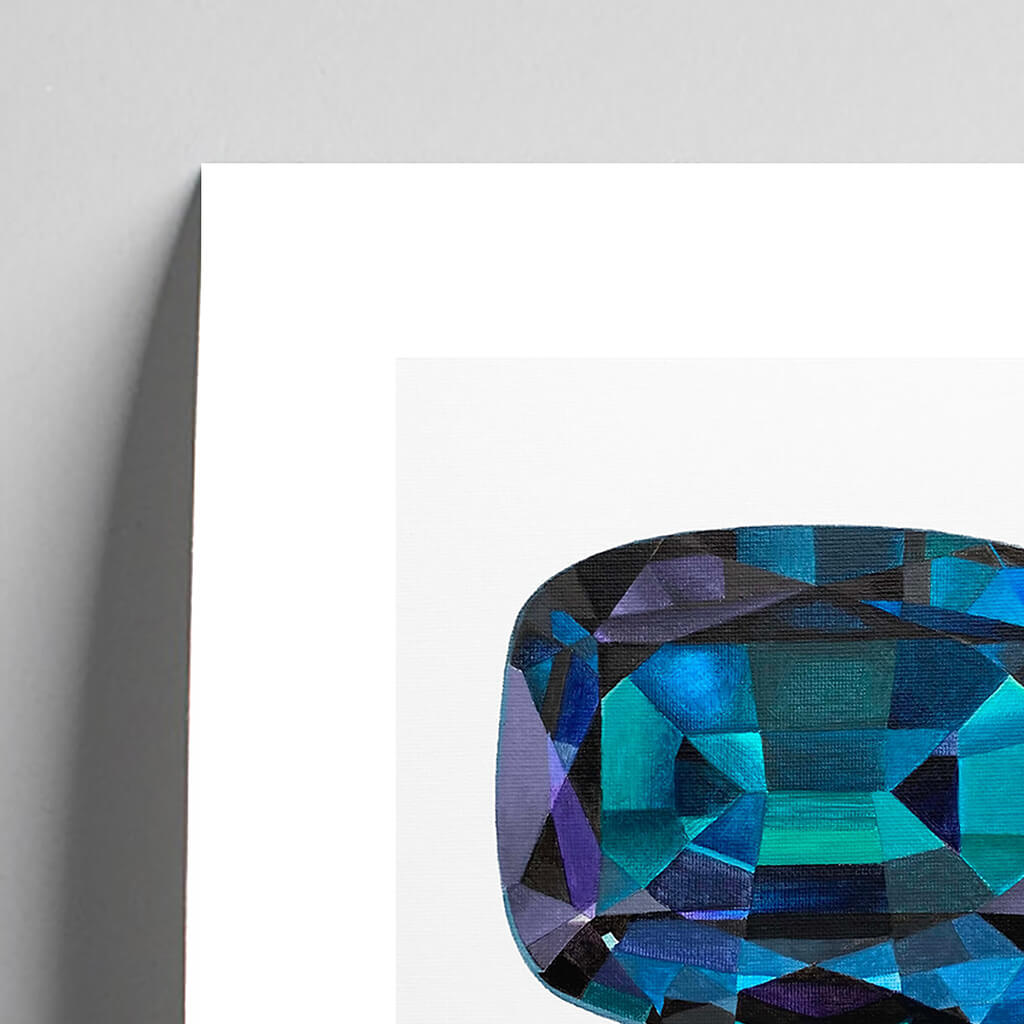Giclee fine art print of an alexandrite gemstone on a very pale stone background. This image shows a section, to highlight the detail.