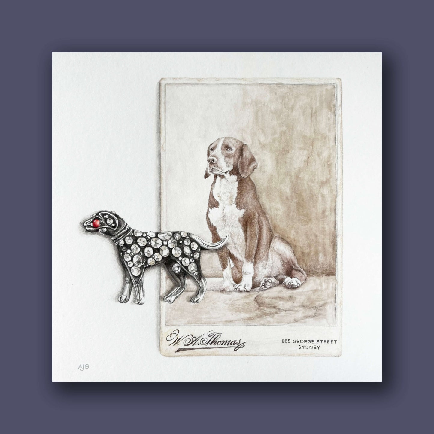 An original gouache painting of a cabinet photograph of a dog and diamond dog jewellery