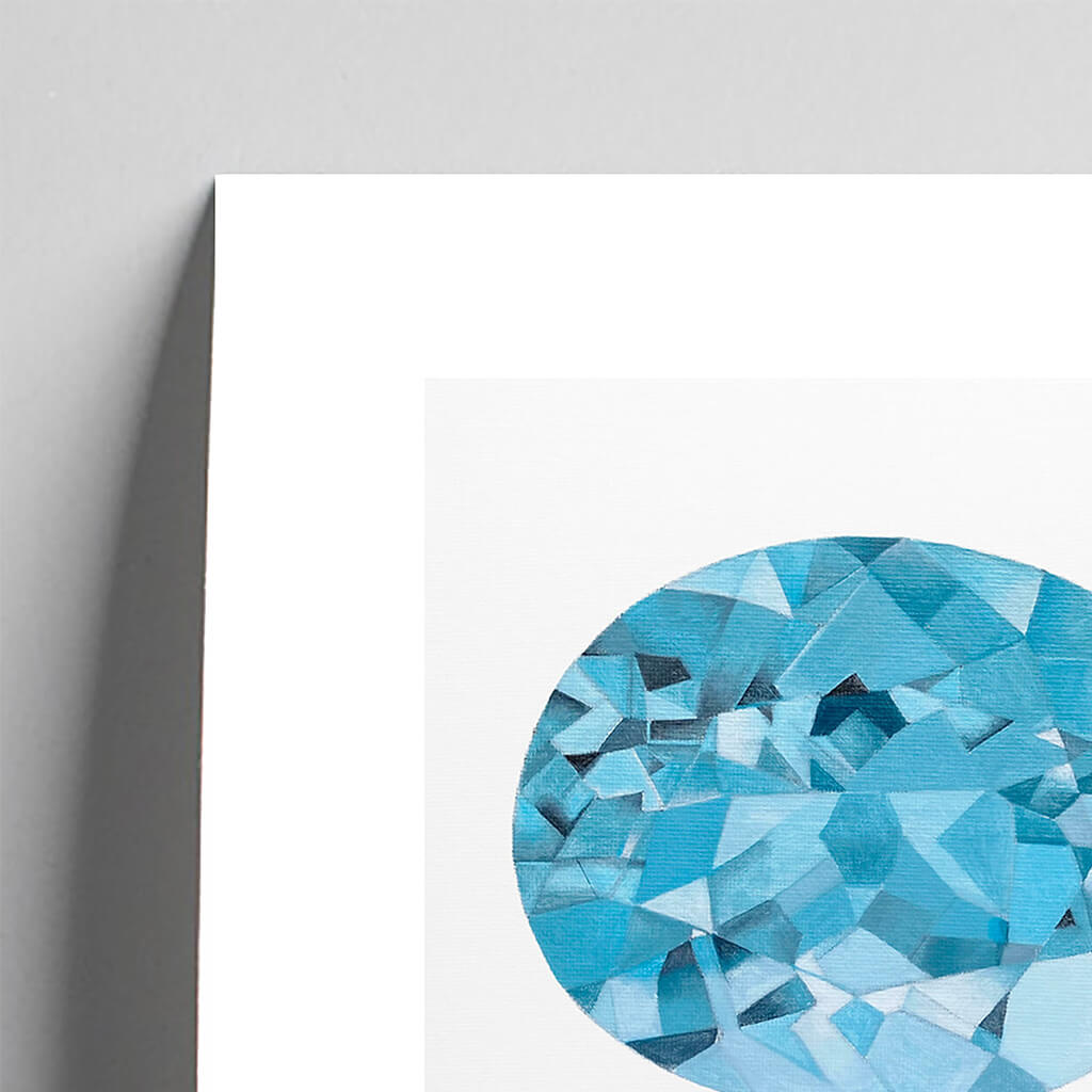 Giclée fine art print of an Aquamarine gemstone on a pale grey background. This image shows a section, to highlight the detail.