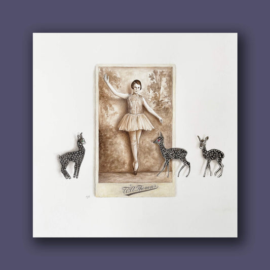 Painting of a sepia photograph of a ballet dancer with three antique marcasite deer brooches.