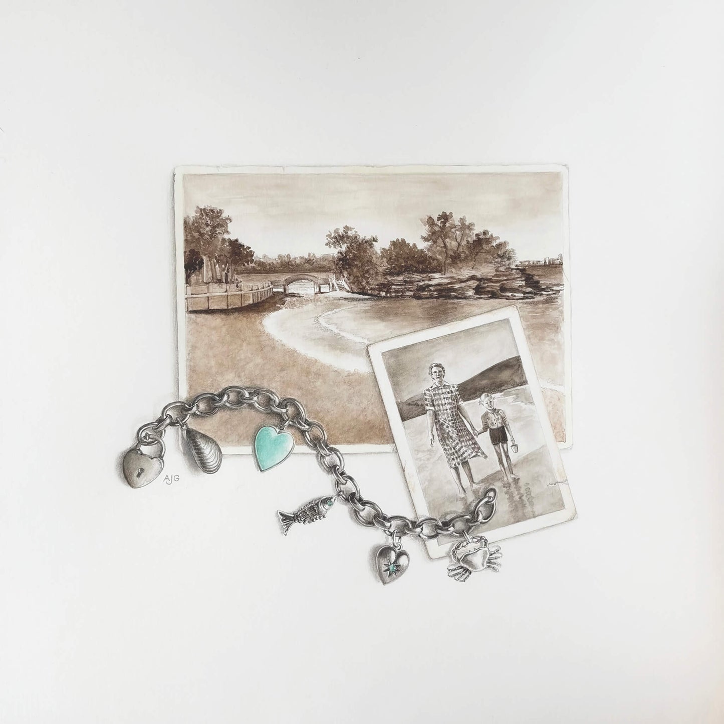 Silver charm bracelet with heart and fish charms with a sepia photo of Balmoral Beach Sydney