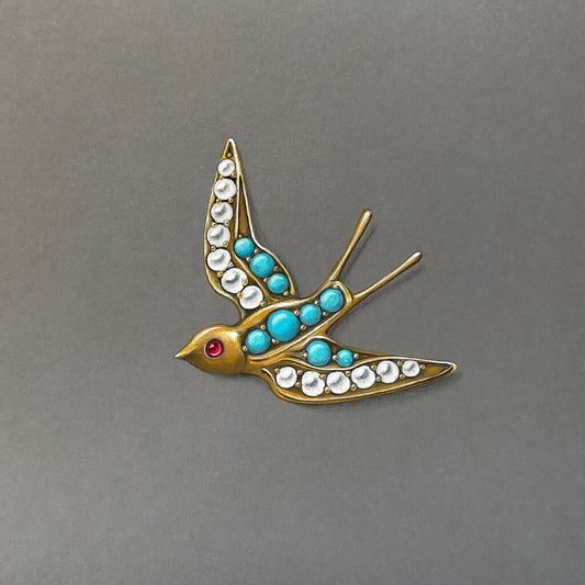 Original painting of a decorative bird brooch with turquoise stones and a red gem on a grey background