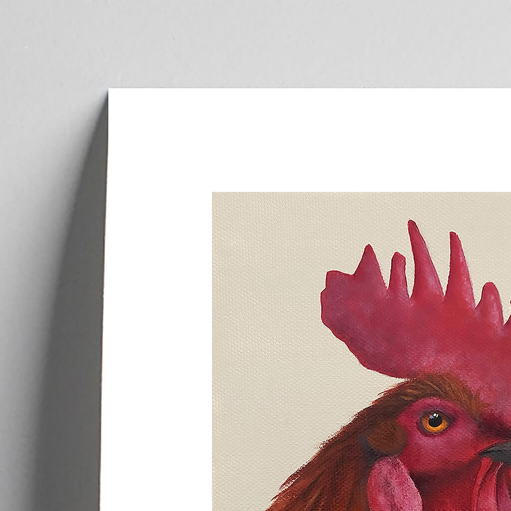Giclée fine art print of a male chicken on a warm grey background. This image shows a section, to highlight the detail.