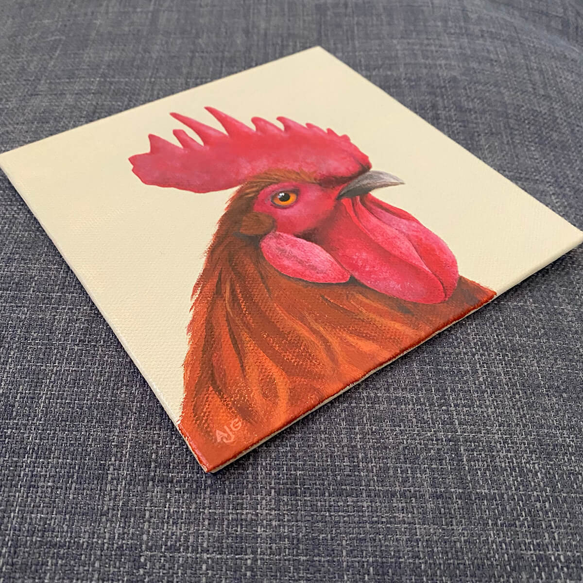 Original portrait acrylic miniature painting of a male chicken by Amanda Gosse