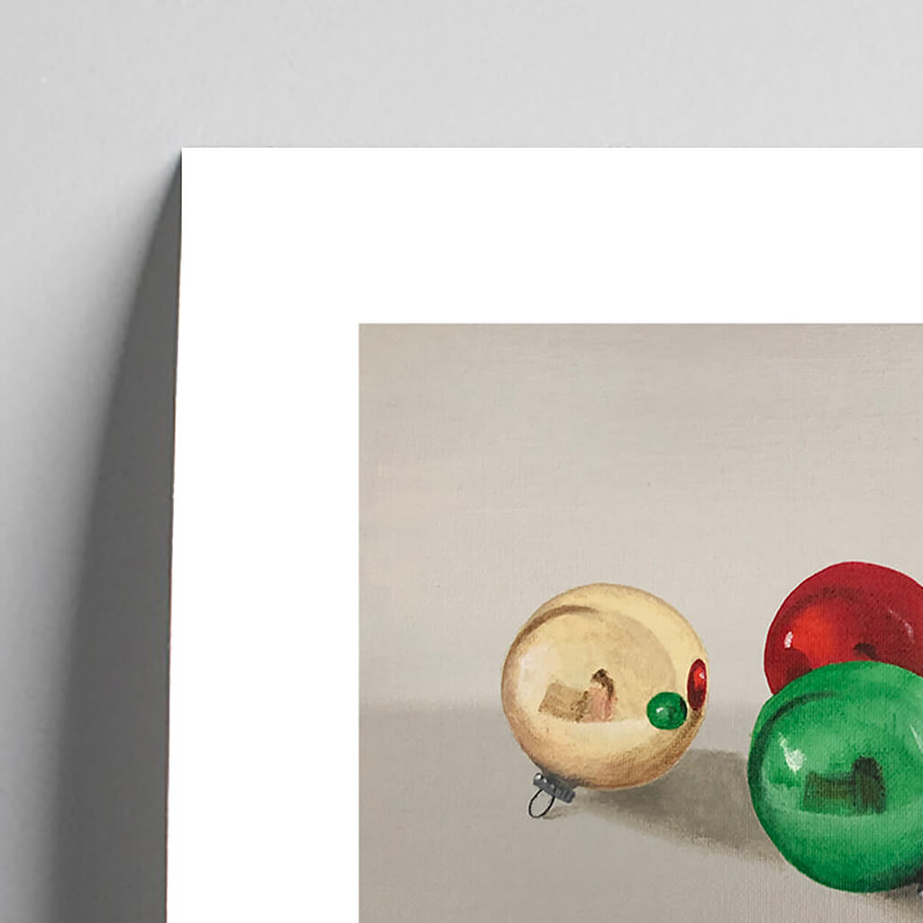 Giclée fine art print of three baubles on a warm grey background. This image shows a section, to highlight the detail.