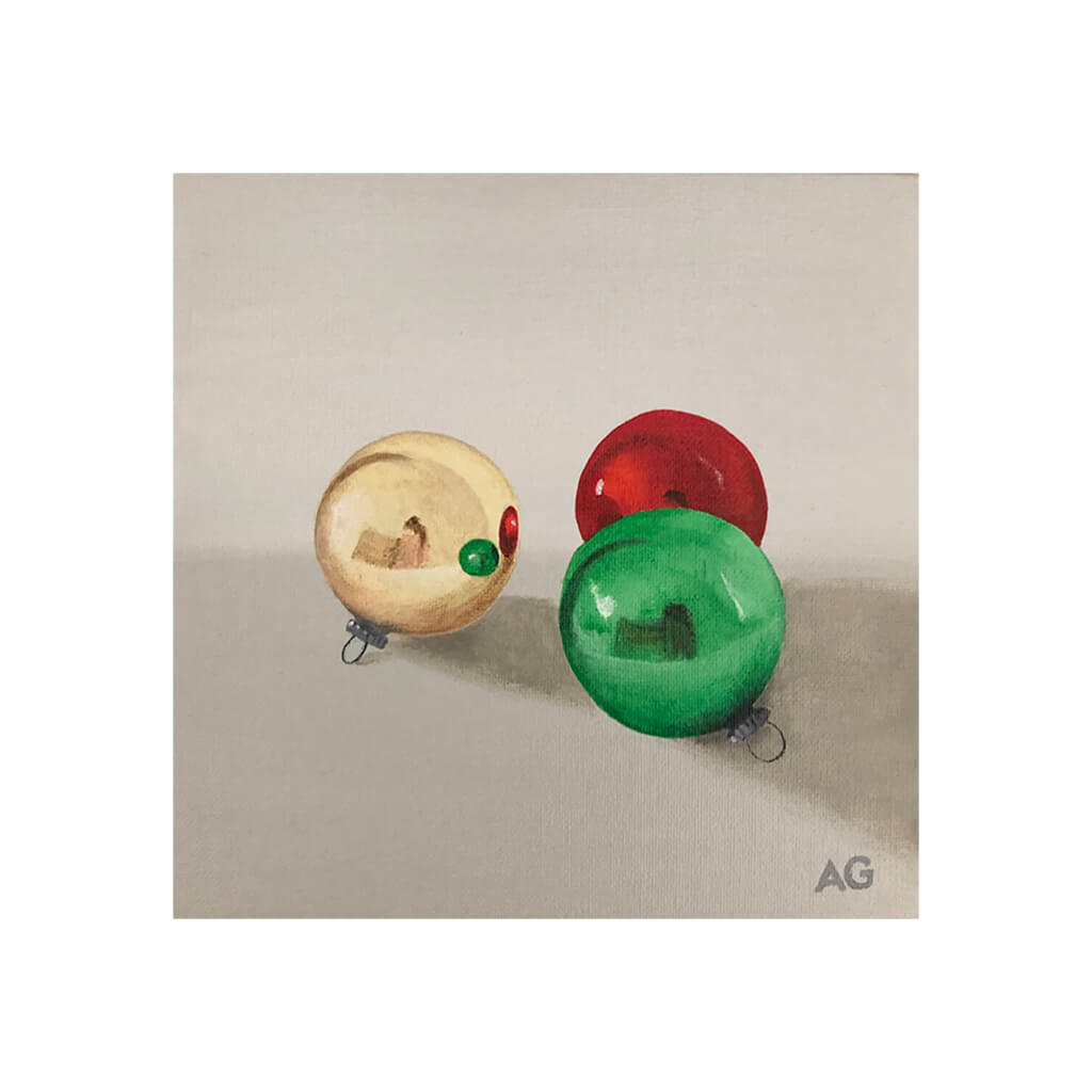 A giclée fine art print of three Christmas baubles, against a beige colour background.