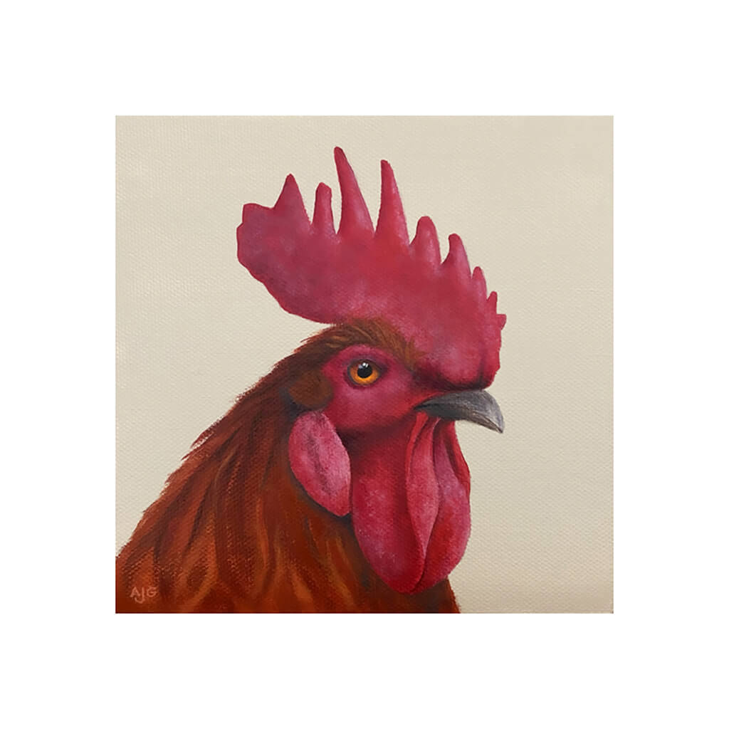 A giclée fine art print of a cockerel portrait, against a light beige colour background.