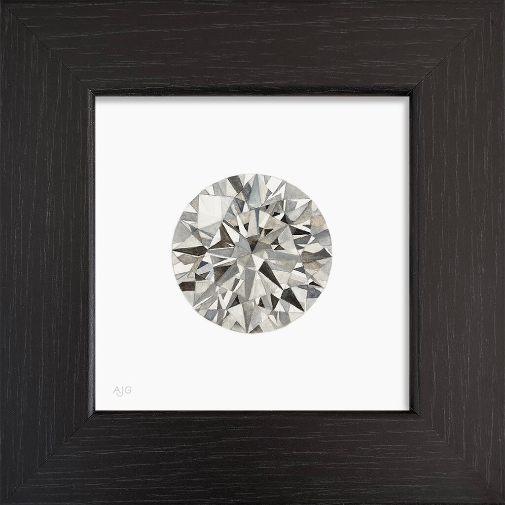 Framed painting of a round diamond on a white background