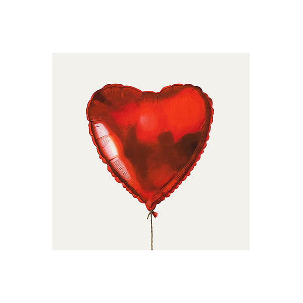 A giclée fine art print of a red heart foil balloon, against a pale neutral colour background.
