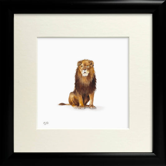 Framed artwork of a lion on a white background