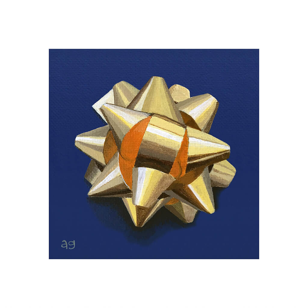 A giclée fine art print of a gold gift bow on a cobalt blue background.