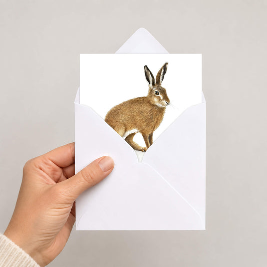 Hand holding a card with a hare design on a plain background