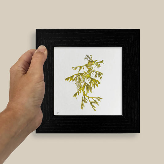 Framed artwork of a leafy green sea dragon on a white background, held by a hand against a beige wall.