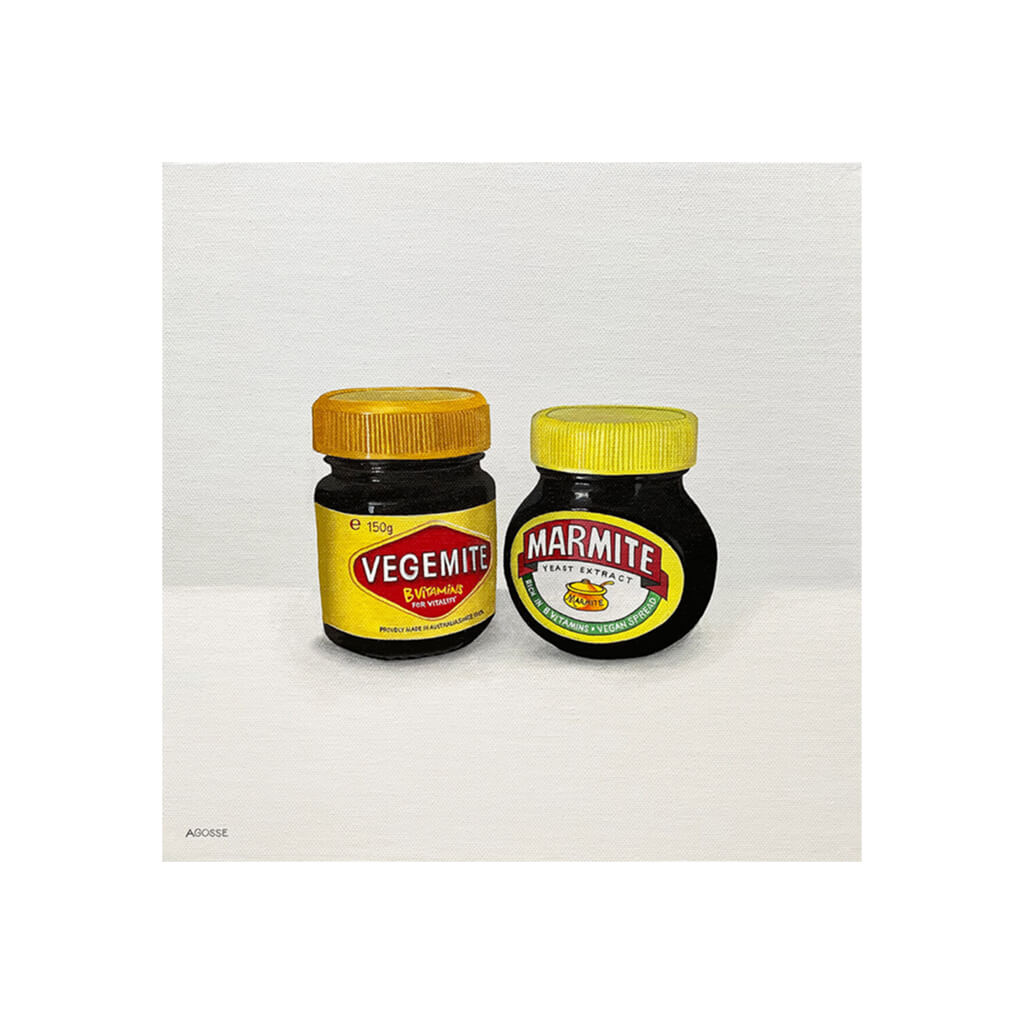 A giclée fine art print of Marmite and Vegemite jars, against a pale neutral colour background.