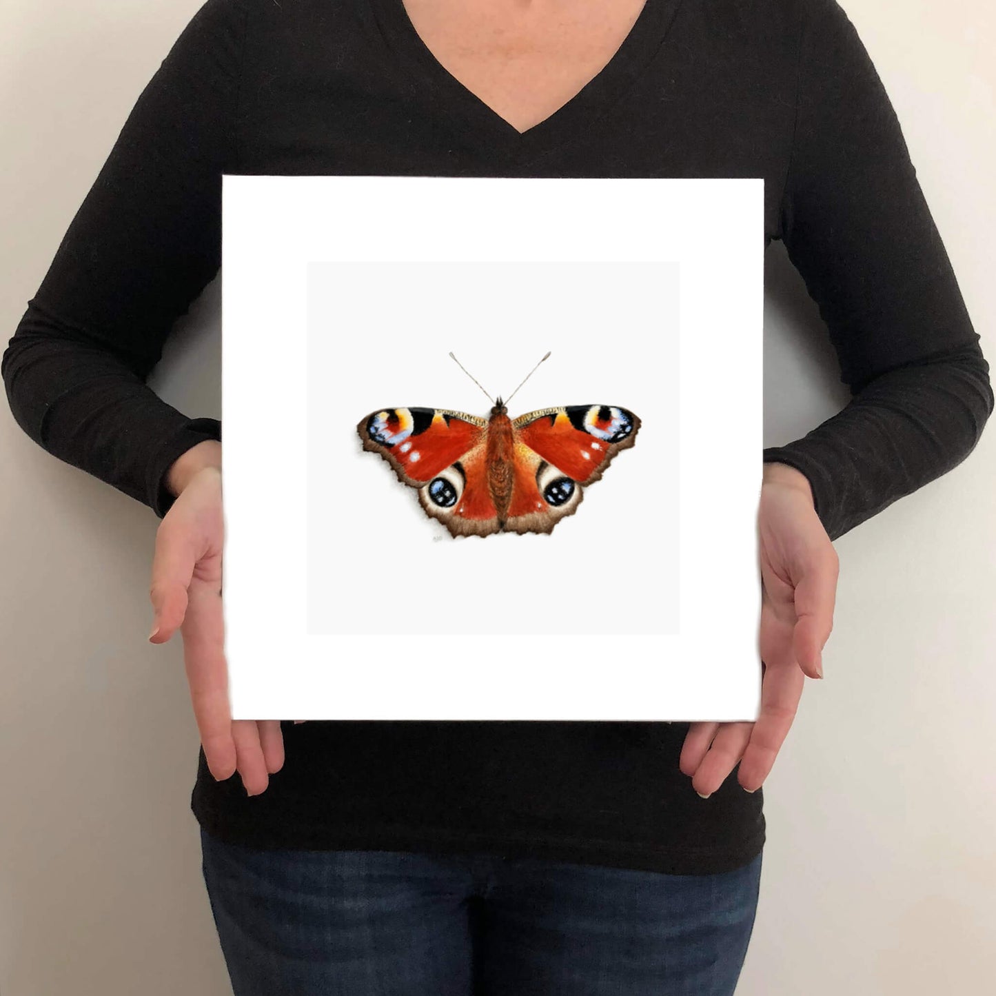 A giclee fine art print of a peacock butterfly on a very pale stone background. This image illustrates the print size.