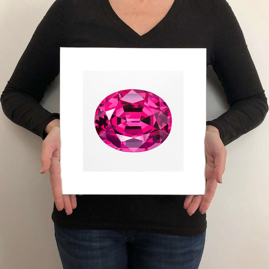 A giclée fine art print of a pink tourmaline gemstone on a pale grey background. This image illustrates the print size.