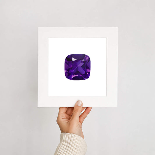 Amethyst gemstone art print held by a hand on a white background