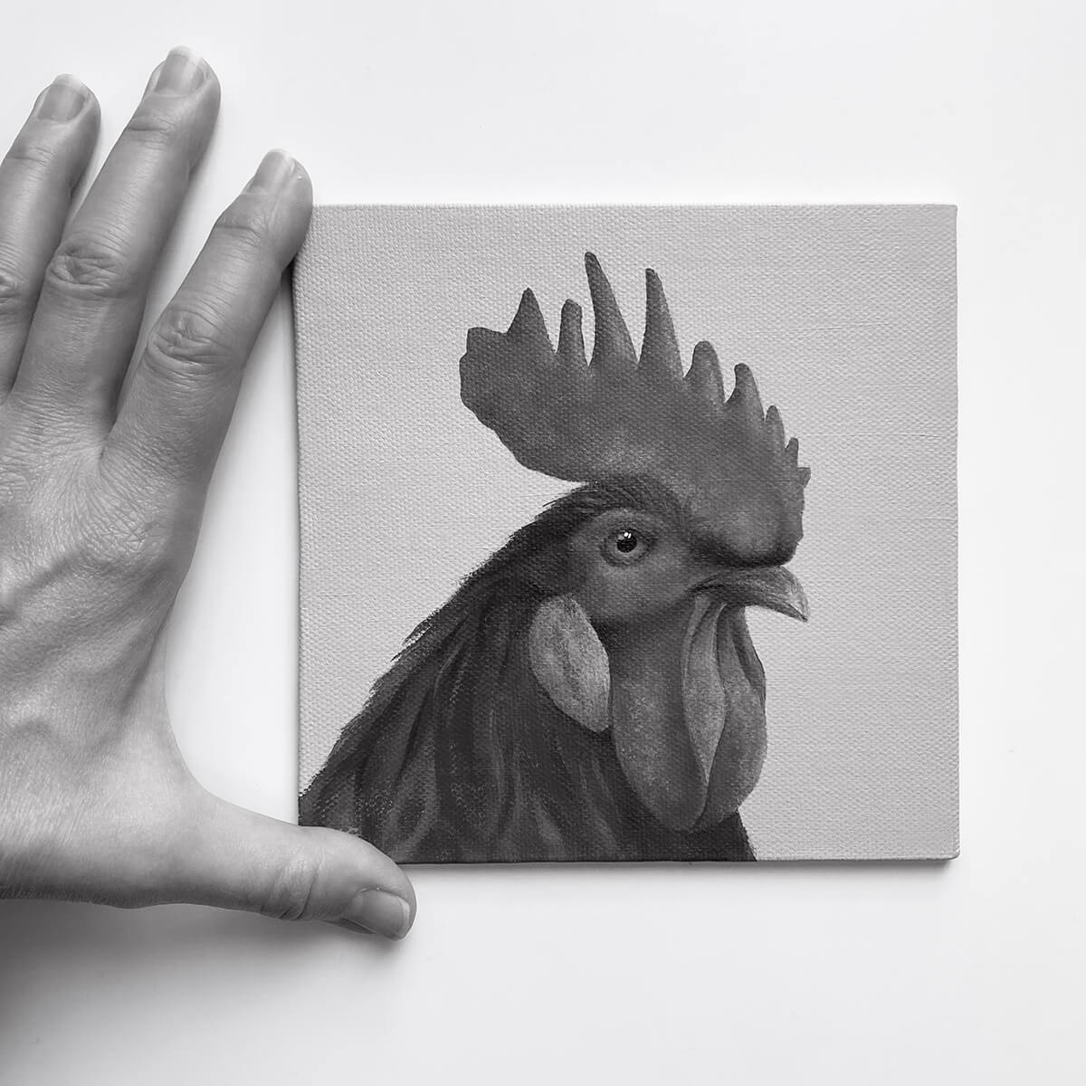 Original acrylic miniature painting of a cockerel by Amanda Gosse