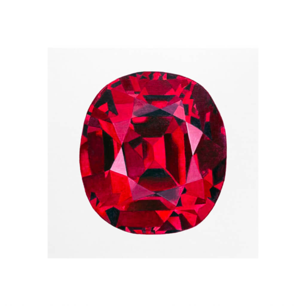 A giclée fine art print of a ruby jewel. The gemstone has a pale stone background.