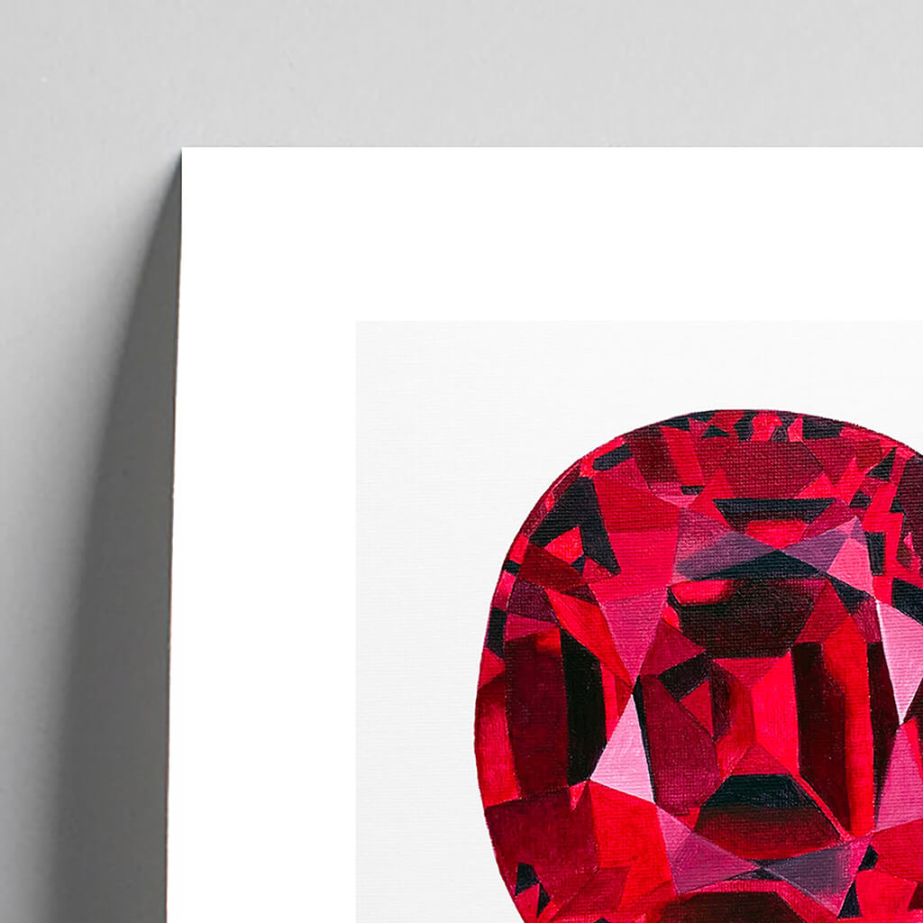 Giclée fine art print of a ruby gemstone on a pale grey background. This image shows a section, to highlight the detail.