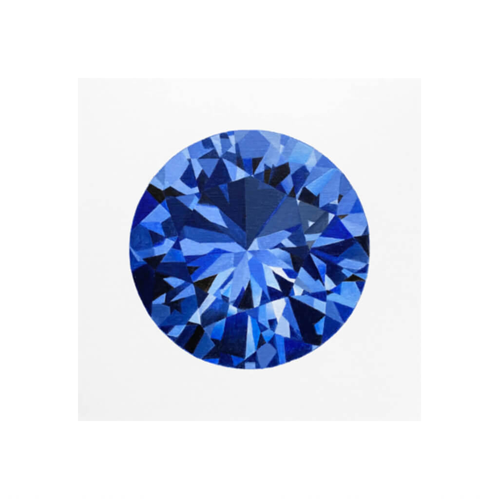 A giclée fine art print of a blue sapphire jewel. The gemstone has a pale stone background.