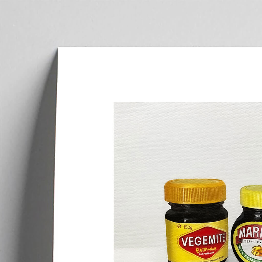 Giclée fine art print of a jar of Marmite and a jar of Vegemite on a pale grey background. This image shows a section, to highlight the detail.