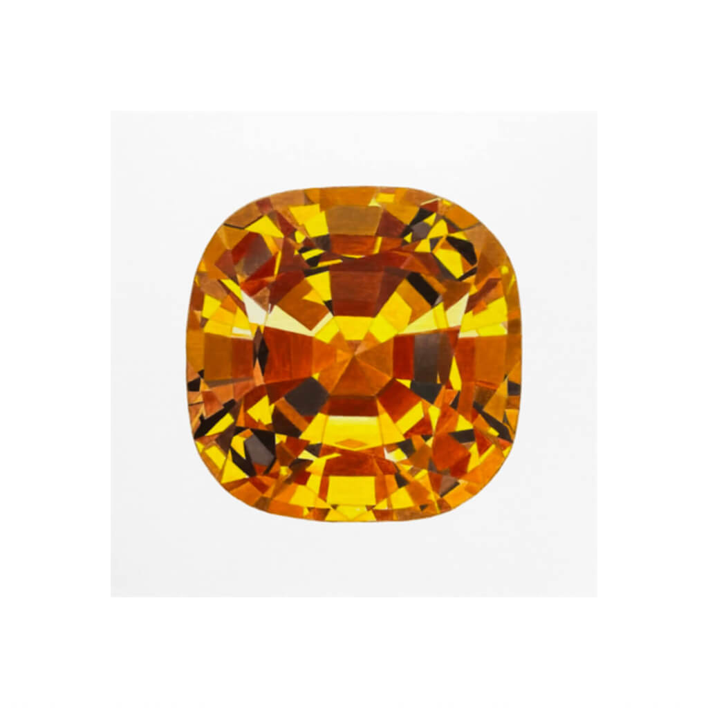 A giclée fine art print of a honey yellow topaz jewel. The gemstone has a light stone background.