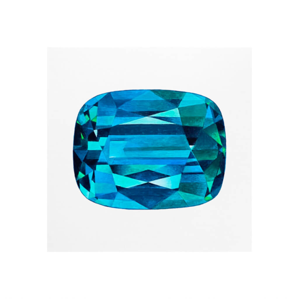 A giclée fine art print of a zircon jewel, rectangular in shape and blue, green and purple. The gemstone has a very pale stone background.