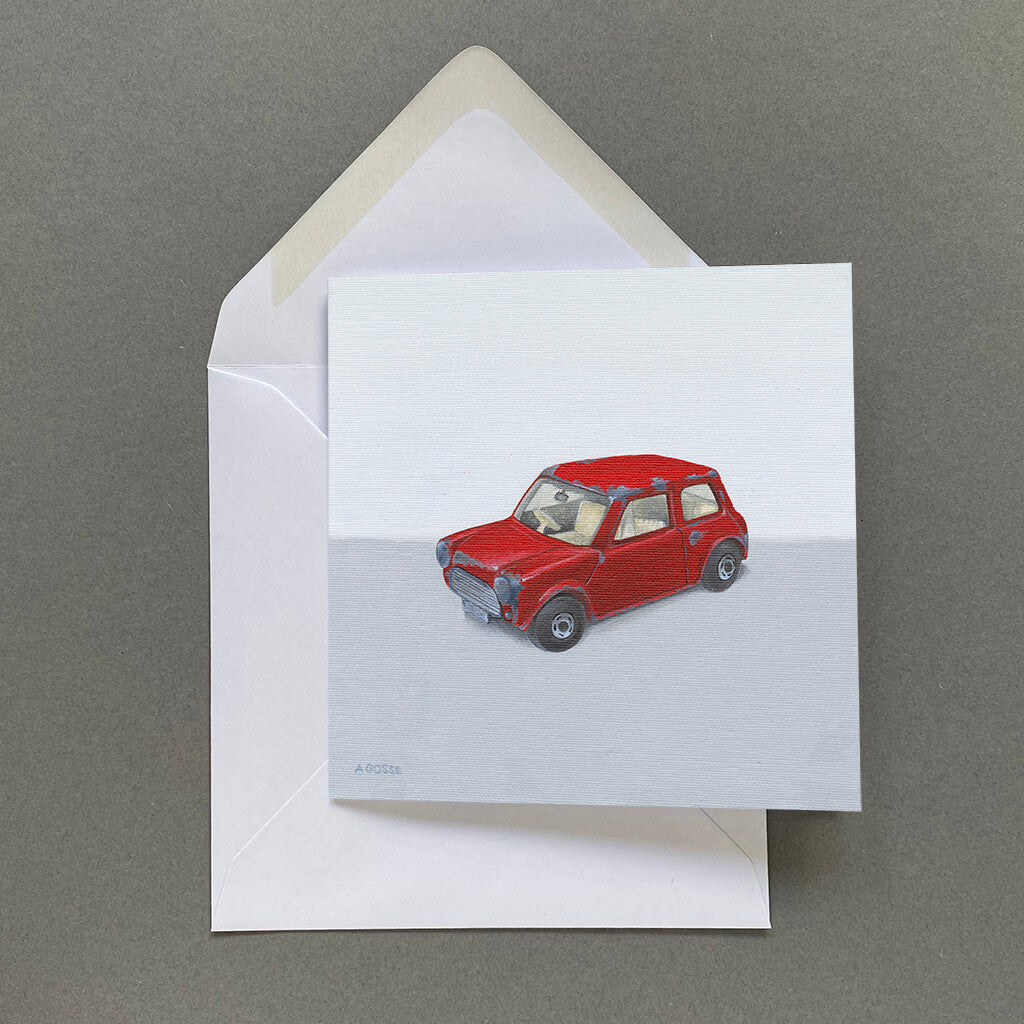 Red Mini Minor die cast toy car fine art greetings card by Amanda Gosse
