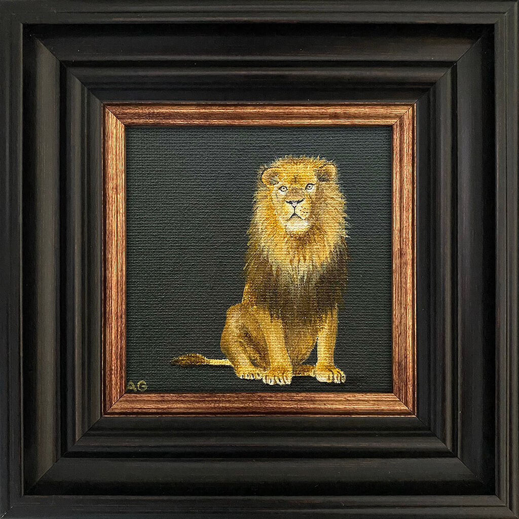 Framed miniature painting of a male lion