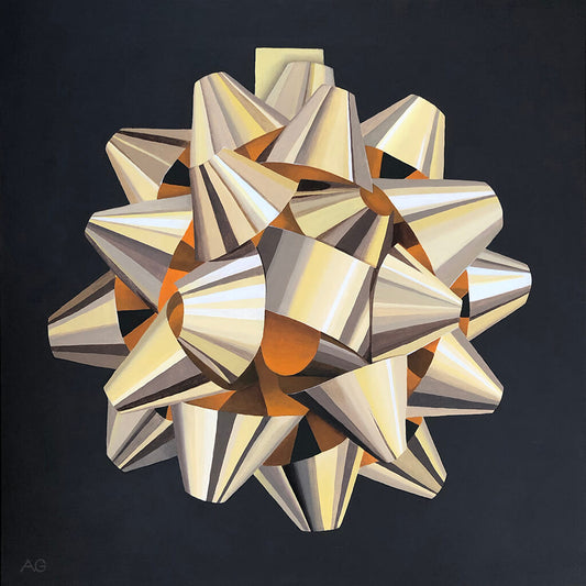 Gold bow is an original acrylic on canvas painting of a gift wrapping bow by Amanda Gosse