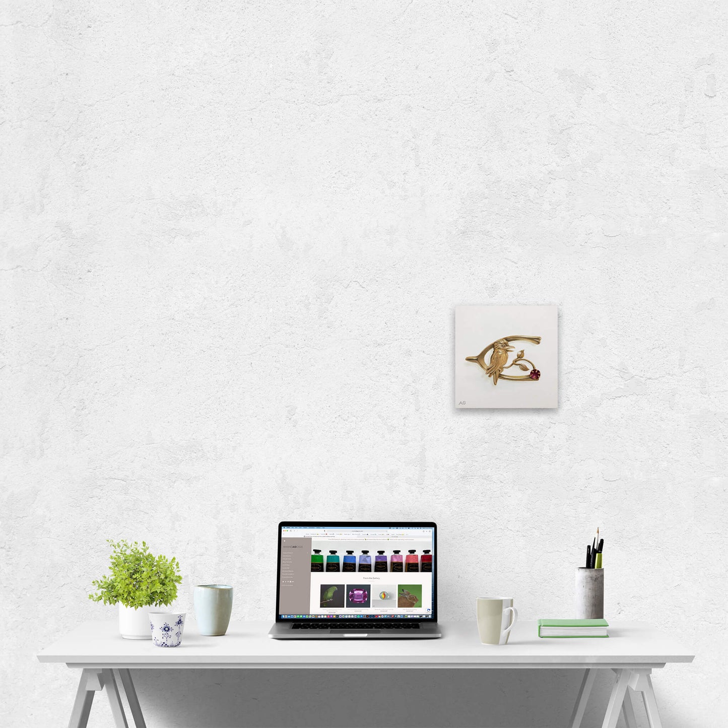 Original artwork by Amanda Gosse of an antique Australian piece of jewellery with kookaburra and ruby gemstone