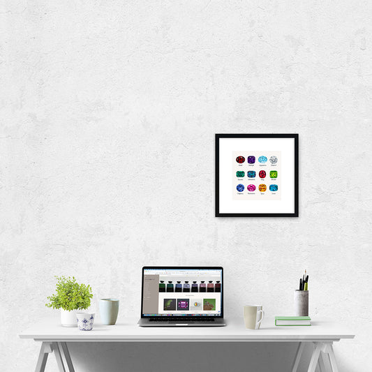A giclée fine art print of a collection of 12 jewels on a pale grey background. This image illustrates the print size.