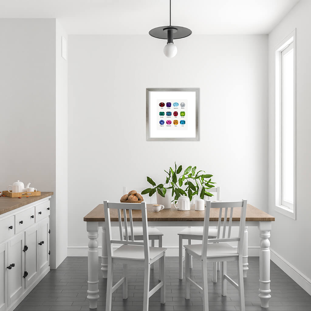 Giclée fine art print of twelve birthstones on a light grey background, displayed in room setting.
