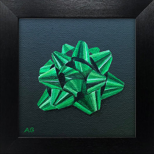 Framed Green foil gift wrap bow by Amanda Gosse original acrylic on canvas miniature painting