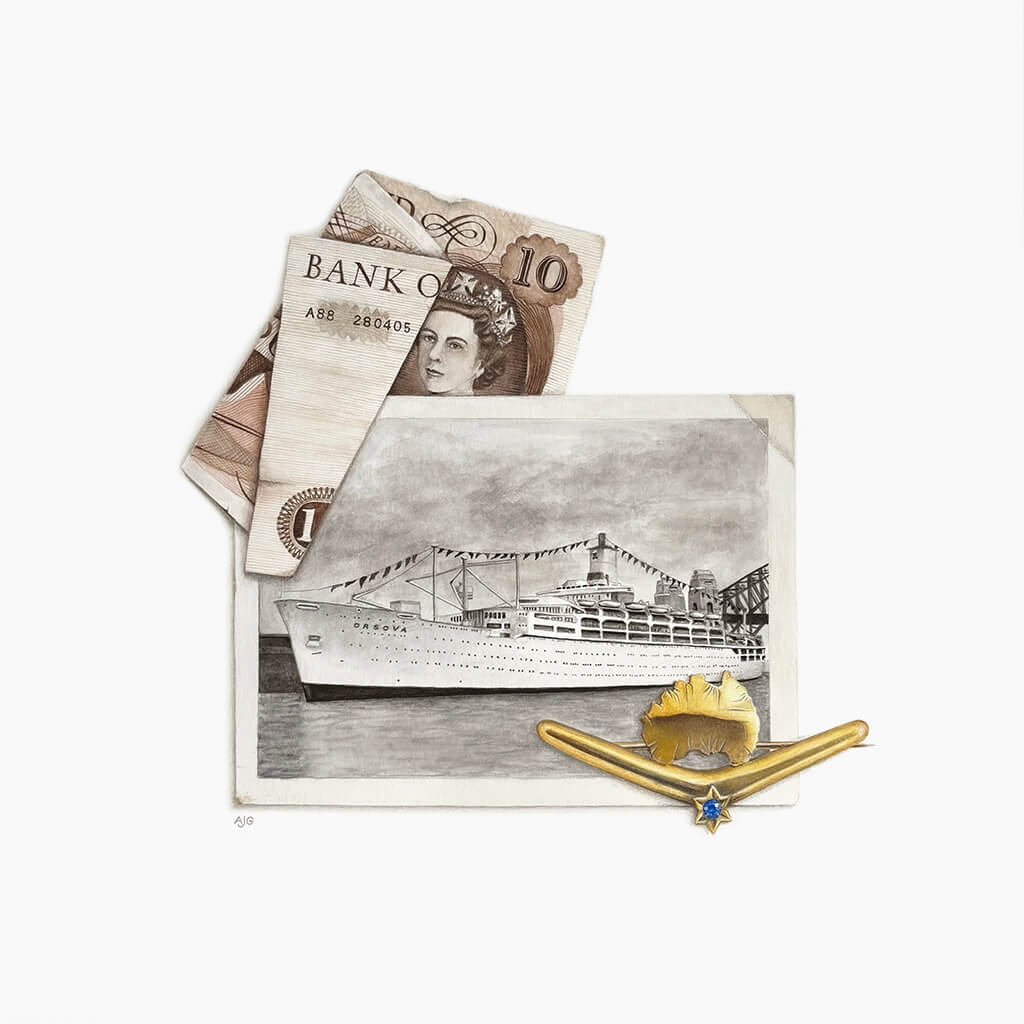 Ten pound poms themed painting of a banknote with a ship photograph and an antique gold Australian federation brooch on a white background