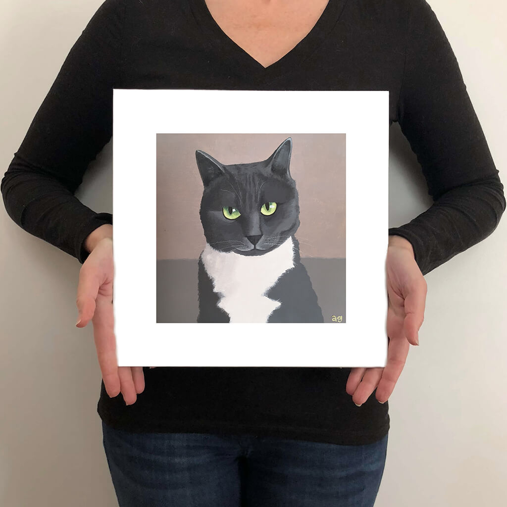 Size guide for giclée fine art print of a grey and white cat with green eyes portrait