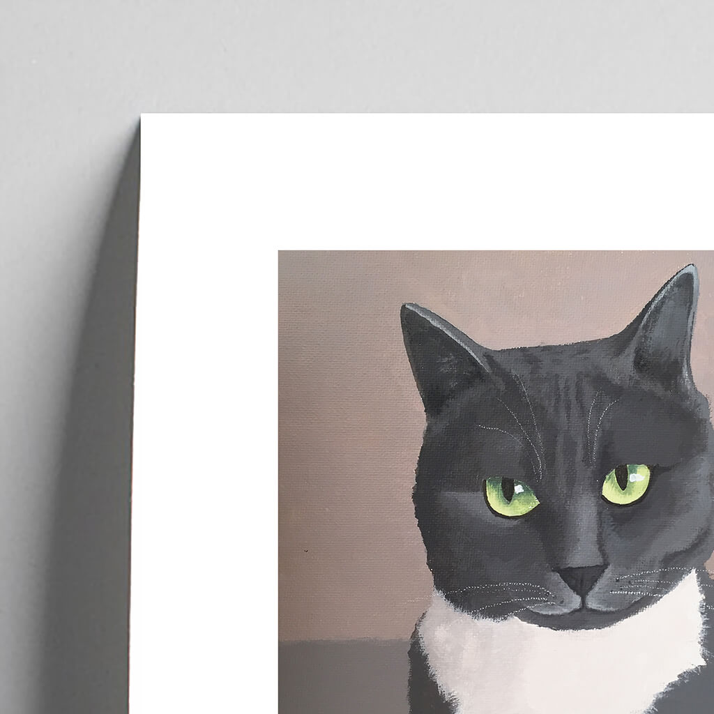 Detail of giclée fine art print of a grey and white cat with green eyes portrait
